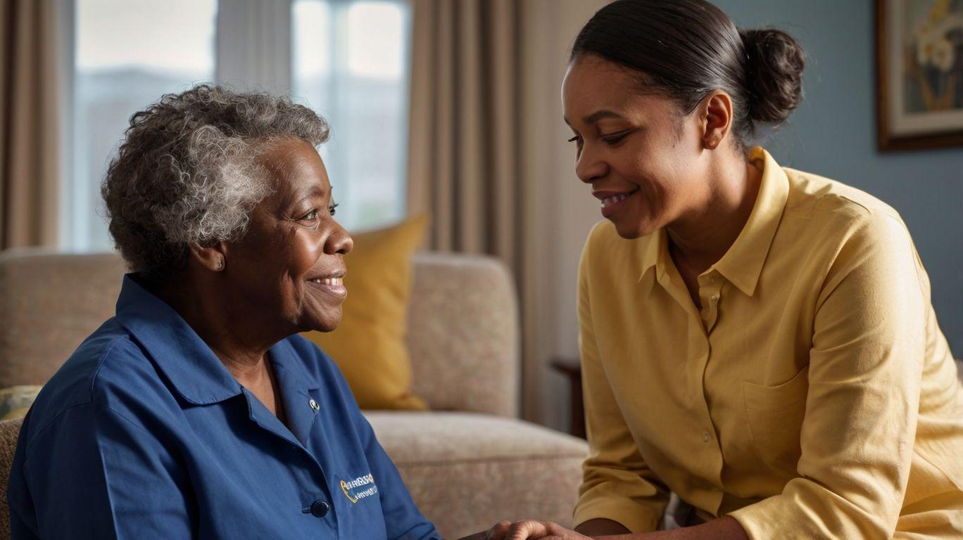 Caregiver holding hands and talking with an elderly person in a home setting.